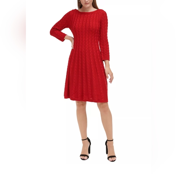 Nine West, Red, Cable-Knit, Fit & Flare, Sweater Dress, Size Large, NWOT - Picture 13 of 15